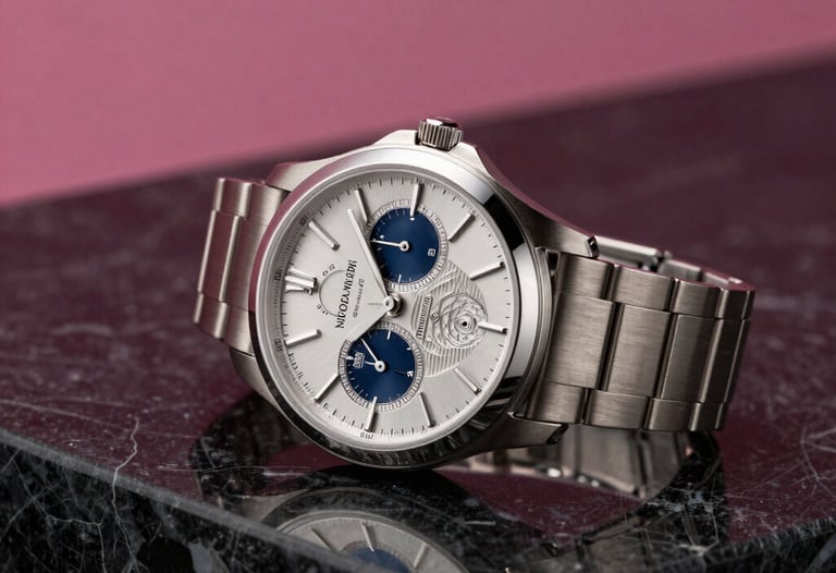 A sophisticated lifestyle shot of a high-end designer watch resting on a reflective black marble surface with soft magenta studio lighting, North American luxury style.
