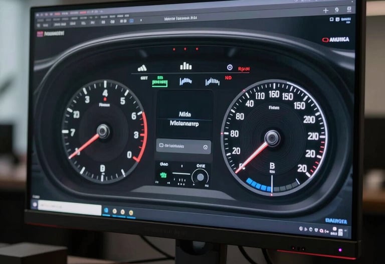 High-fidelity macro shot of an advanced dashboard displayed on a high-end monitor in a dark, premium office environment in North America.