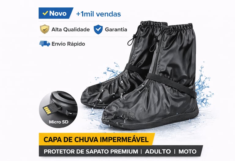 Black waterproof shoe covers for motorcycle riders with non-slip soles and adjustable drawstring.