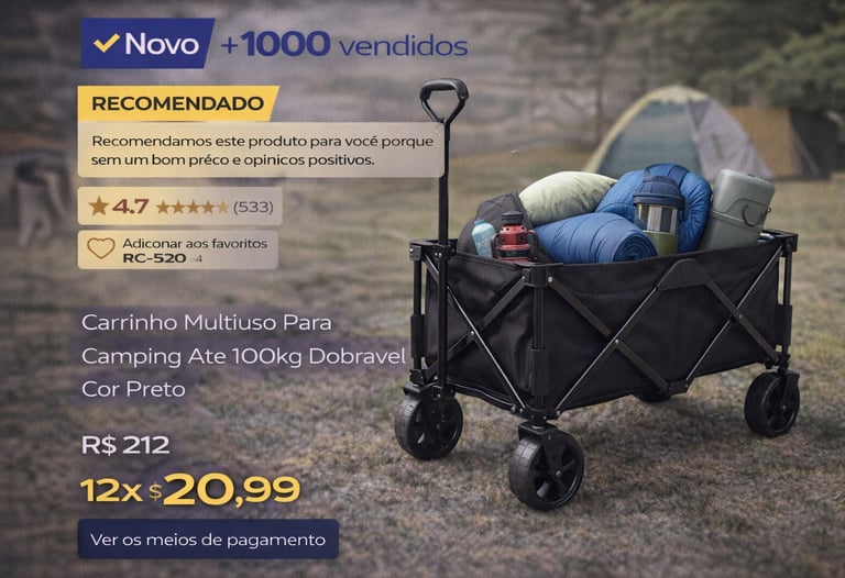 Carrinho multiuso para camping dobrável preto carregando equipamentos de acampamento em um gramado.