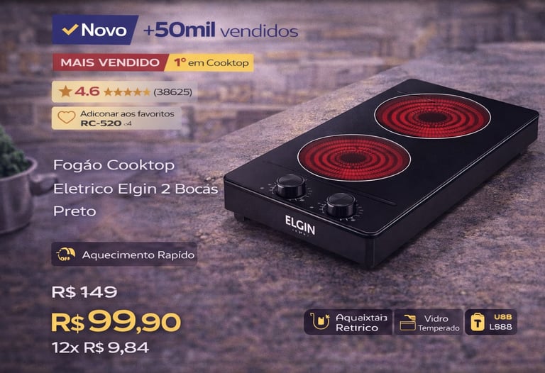 Cooktop elétrico Elgin 2 bocas preto com mesa de vidro temperado e aquecimento rápido.