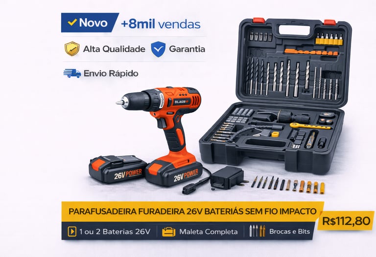 Parafusadeira e furadeira de impacto sem fio 26V com maleta de ferramentas, brocas e duas baterias.