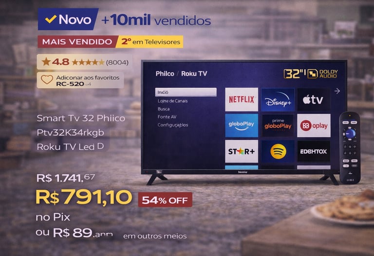Smart TV Philco 32 polegadas com Roku TV, Dolby Audio e diversos aplicativos de streaming integrados.