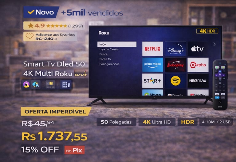 Smart TV Multi 50 polegadas 4K Ultra HD com sistema Roku TV e controle remoto em oferta.