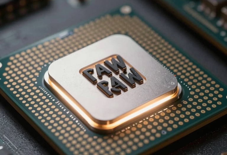 A close-up of a high-tech processor glowing with soft white light, illustrating the concept of raw performance and speed.