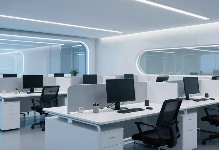 A sleek, professional photograph of a futuristic office with clean white desks and sky blue lighting, showing a workspace designed for innovation.