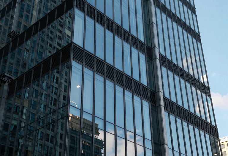 A modern glass building reflecting a clear blue sky, representing growth and innovation in an international tech-focused city center.