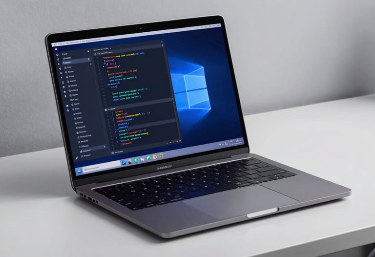 A sleek, minimal photograph of a clean developer workstation featuring a high-end laptop with code displayed in a dark mode editor. Accents of deep blue and medium blue lighting.