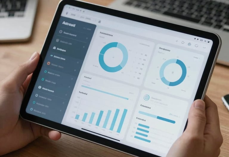 A close-up shot of hands holding an Android tablet, displaying a complex data visualization dashboard with soft blue and pale blue accents. International tech-focused workspace.