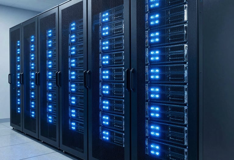 A sharp, detailed photo of a modern server room with glowing lights in sky blue and dark navy. The perspective is from floor level, emphasizing scale and efficiency in an international tech-focused data center.