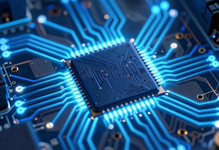 A detailed close-up of a futuristic glowing circuit board with sky blue and deep navy light accents. High-tech, innovative style.