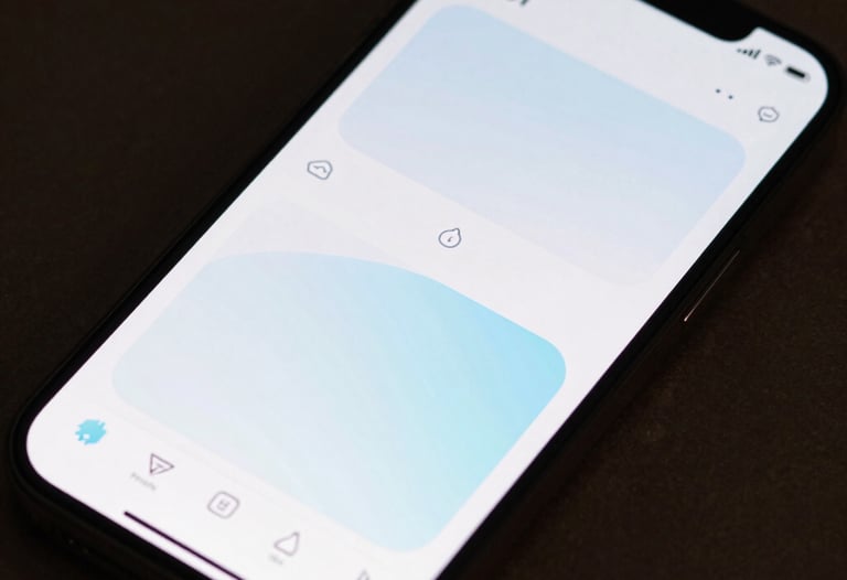 A close-up of a high-resolution smartphone display showing a sleek, modern user interface for a fitness application with smooth curves and soft white and pale blue accents. Professional photography, sharp focus, international tech-focused style.