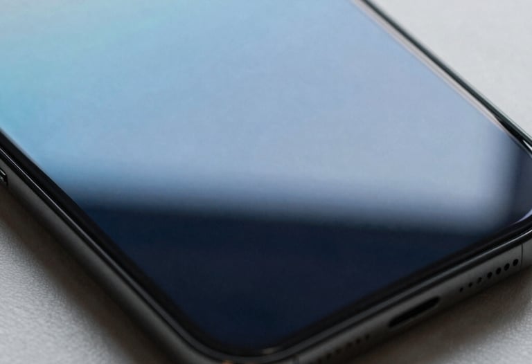 An artistic shot of light reflecting off a glass smartphone screen, creating a beautiful gradient of sky blue and deep navy.