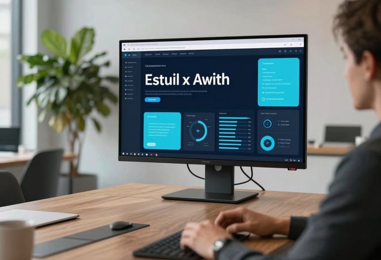 A lifestyle shot of a modern office meeting room in New York City. A large monitor displays a professional interface with dark navy and cyan blue elements. The room is decorated with minimalist furniture and a large green plant, conveying growth and tech excellence.