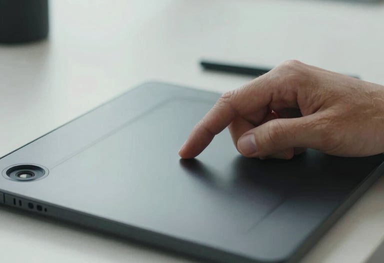 A close-up photograph of a professional's hand using a trackpad in a bright, modern San Francisco studio. The lighting is soft and neutral, with shades of light gray blue and white dominating the scene. The composition is focused on precise interaction and high-quality equipment.