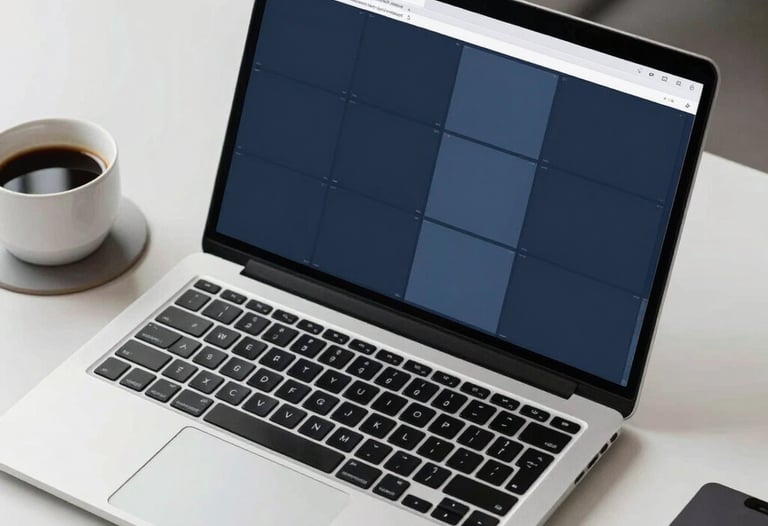 A high-angle photograph of a designer's workstation featuring a laptop with a high-resolution display. The screen shows a complex grid of dark navy and slate blue windows. Beside the laptop is a cup of black coffee on a light gray coaster. Clean, professional North American office setting.