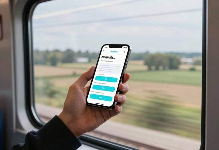 A photograph of someone using a smartphone while standing on a high-speed train. Outside the window, the North American countryside flashes by. The phone screen is bright, showing a modern app interface with cyan blue buttons. Professional lighting and dynamic composition.