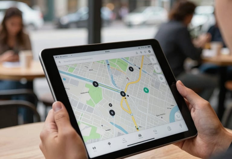 A close-up shot of hands holding a digital tablet in a light-filled outdoor cafe. The tablet displays a map interface with clean, modern markers. The setting is a bustling North American city center, conveying a digital presence that works anywhere, anytime.