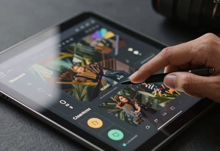 A detailed close-up of a tablet screen being used by a creative professional. The lighting is focused and warm against a dark slate background. The image captures the clarity and aesthetic excellence of a high-end digital interface designed for professional use.