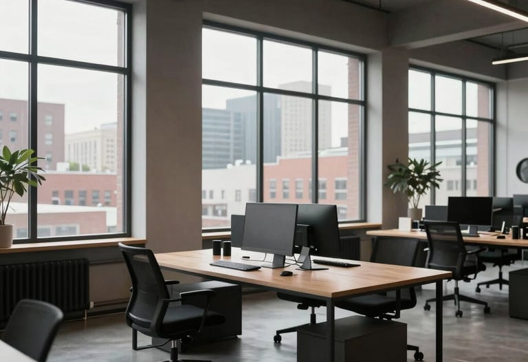 An interior shot of a tech-focused workspace in a North American loft. Large windows show an urban landscape. Inside, the furniture is minimalist and high-quality, reflecting a commitment to crafted digital solutions and a modern, innovative mood.