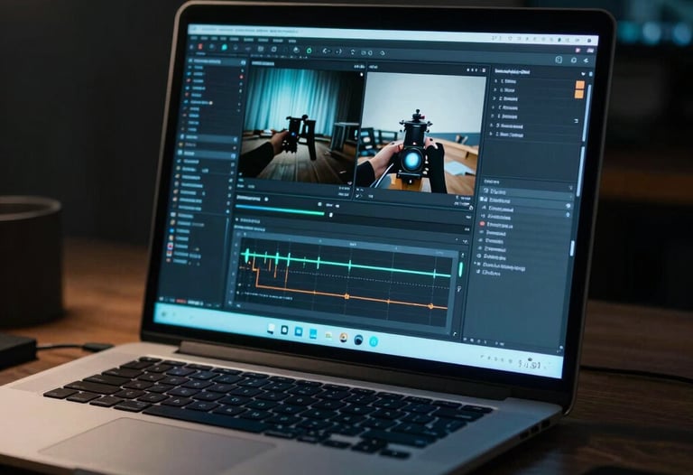 A cinematic shot of a laptop screen in a dark room. The screen illuminates a modern workspace with a soft cyan glow. The image focuses on the meticulous craft of digital design, showing sharp lines and high-contrast visuals.