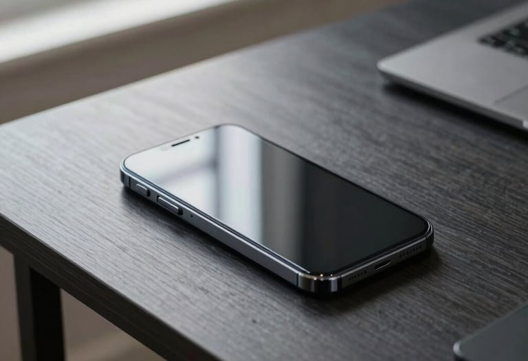 A top-down photography shot of a sleek smartphone resting on a minimalist desk in a North American home office. The desk is a dark slate wood, and soft morning light from a window highlights the smooth glass surface of the device. Professional and meticulously clean aesthetic.