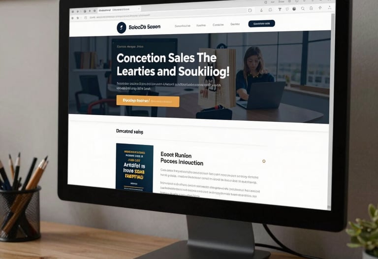 A sleek computer monitor in a North American home office displaying a high-converting sales funnel landing page for a book launch.