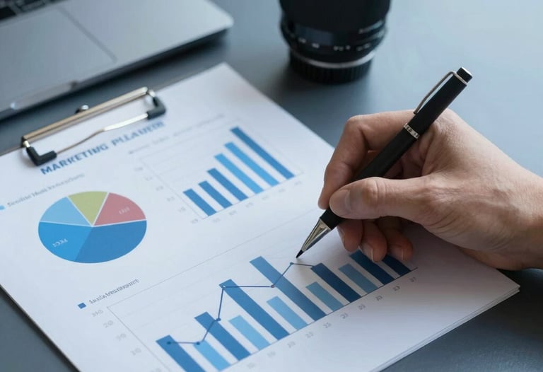A professional marketing planner with charts and graphs about social media engagement on a clean desk, dark blue and light blue palette.