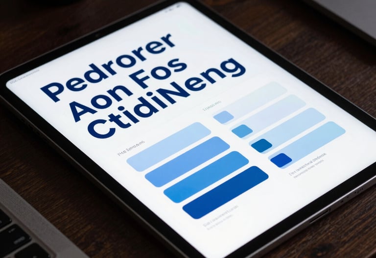 An iPad Pro on a desk showing an author's branding guide with typography and color swatches in professional blue tones.