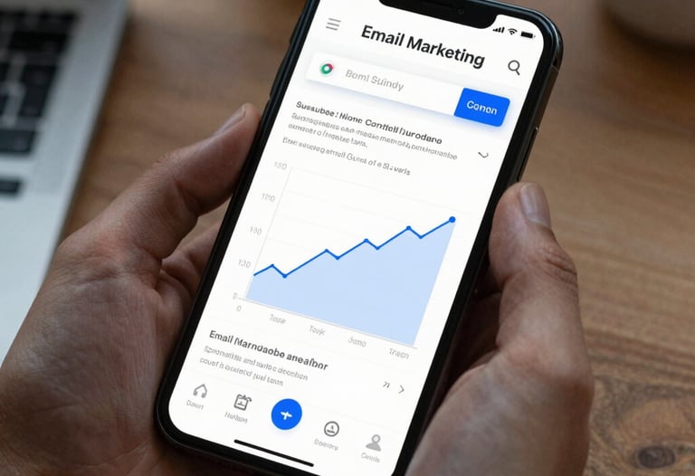 A professional workspace photo of a smartphone displaying an email marketing dashboard with subscriber growth charts.