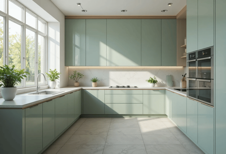 cocina moderna en verde salvia con diseño elegante y luminoso