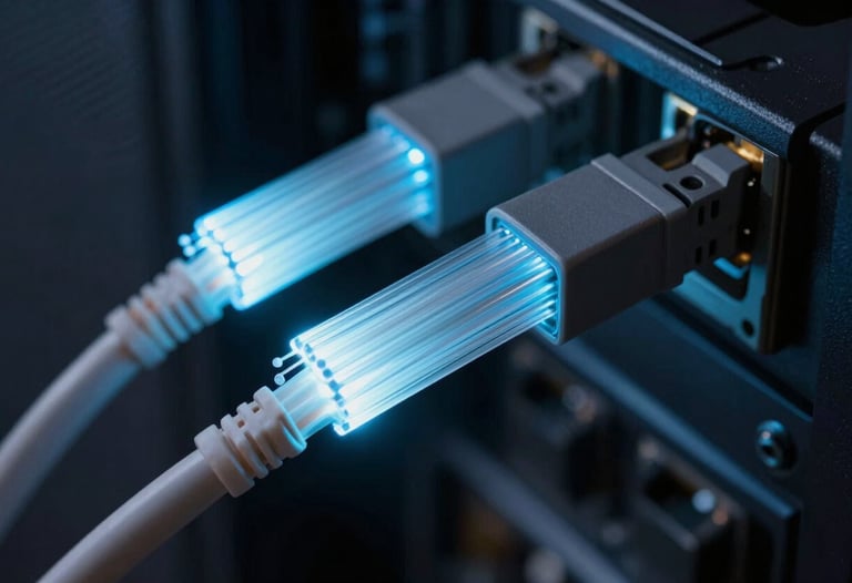A macro shot of fiber optic cables glowing with soft blue light in a dark server environment. High-speed data concept.