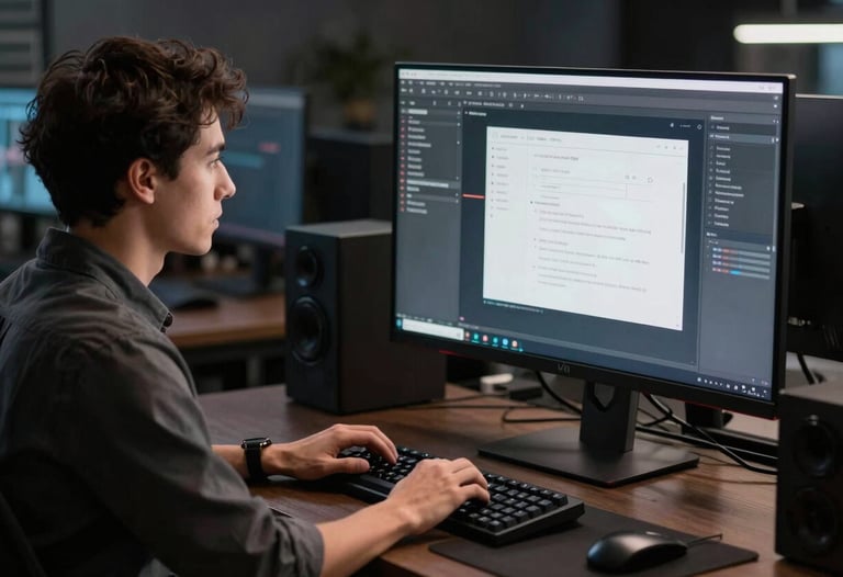 A professional developer in a modern, dark-themed office using a mechanical keyboard and looking at a large high-resolution display. North American / International.
