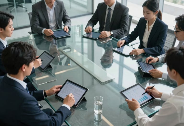An overhead shot of a team meeting in a high-tech glass conference room, focusing on digital tablet screens. Professional business attire, minimal North American / International decor.
