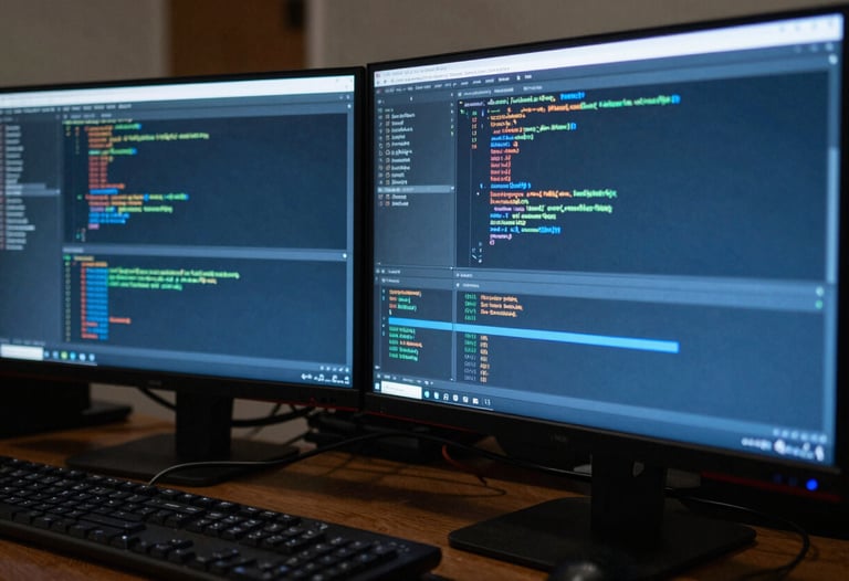 A close-up photograph of a professional workstation in a dark room, featuring high-end monitors displaying complex lines of code and server logs in Accent Blue. North American / International style.