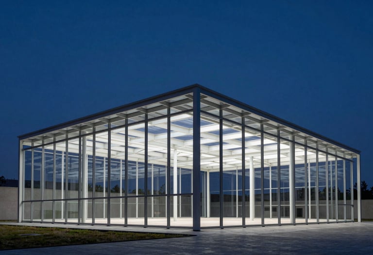 A minimalist architectural structure of glass and steel under a clear night sky. Modern, clean, and premium feel.
