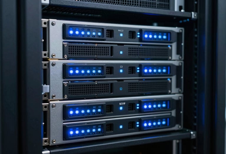 Modern server hardware with glowing Accent Blue LED indicators in a climate-controlled data center. Professional photography, sharp focus, futuristic lighting.
