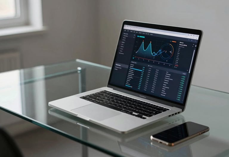 A minimalist office setting with a glass desk and a sleek silver laptop showing a data visualization dashboard. Soft lighting, North American / International business context.