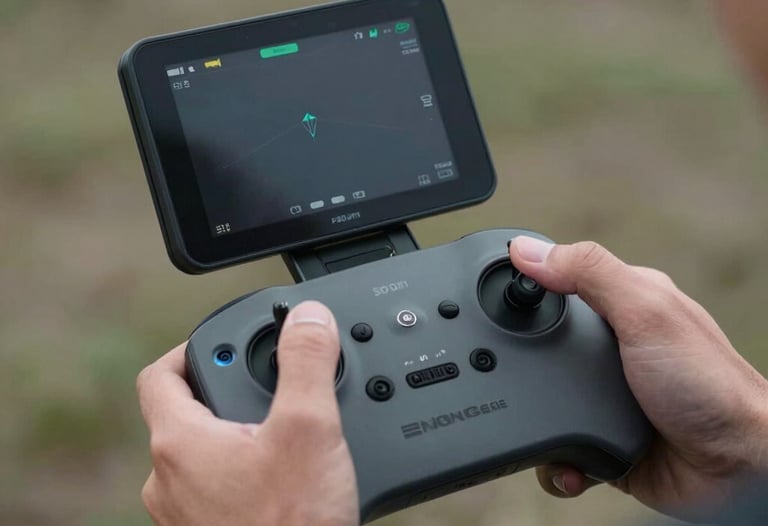 A close-up of a drone pilot's hands operating a professional controller with a high-brightness monitor. The setting is outdoors and professional. Cinematic lighting.