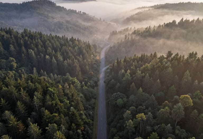 A vast, breathtaking aerial view of a winding road through a forest at sunrise. The fog is settled in the valleys, creating a moody, sophisticated atmosphere. Cinematic photography.