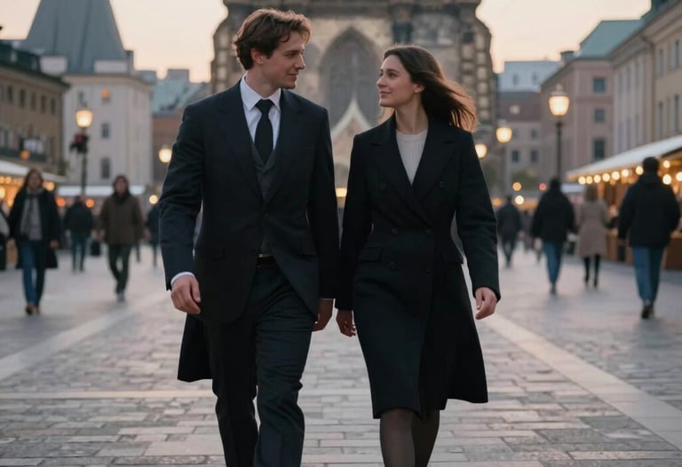 A candid and cinematic moment of a couple in formal attire walking through a historic European city at dawn. Soft, ethereal lighting, Global / International setting, timeless aesthetic.