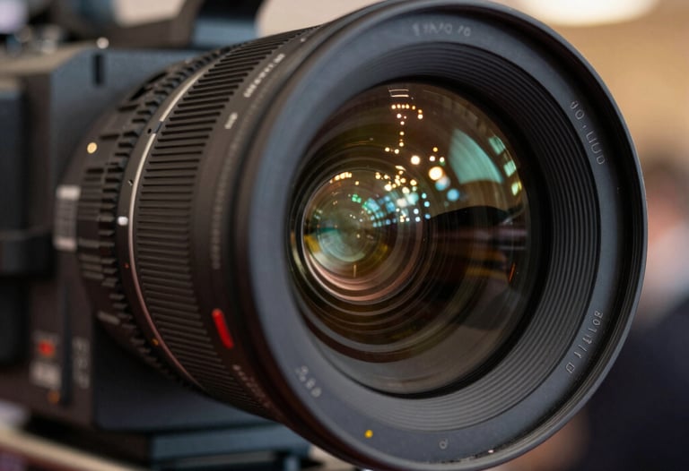 Close-up of a professional cinema camera lens reflecting bright lights from an elegant event. Global / International context, shallow depth of field, sophisticated atmosphere, cinematic lighting.