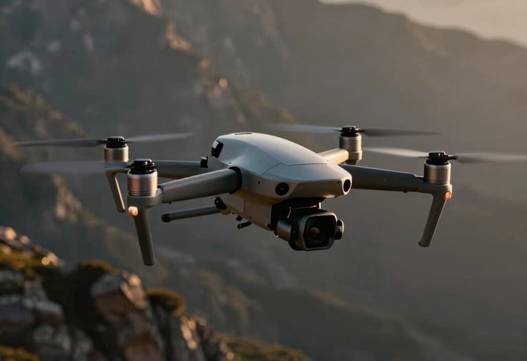 A sleek, professional drone hovering above a rugged mountain range during the golden hour. The image is crisp and cinematic, showing the intersection of technology and nature. Global / International.