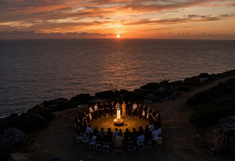 A drone's perspective of a coastal ceremony at sunset. The lighting is cinematic with deep oranges and charcoal blacks, showing a wide, emotional landscape. Professional photography.