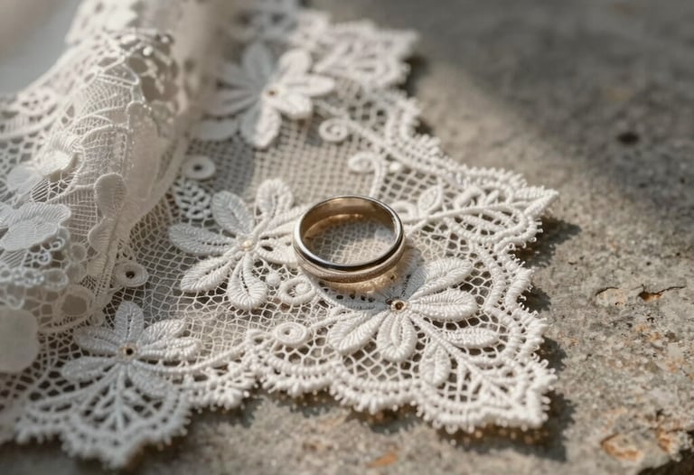 Detail shot of delicate wedding lace and a ring placed on a textured stone surface. Soft morning light, sophisticated composition, premium photography.
