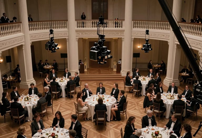 A high-angle shot of a grand ballroom filled with guests in formal attire. The lighting is moody and premium, highlighting the architecture and professional filming cranes. Cinematic elegance.