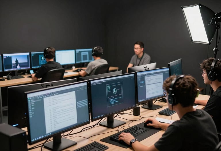 A wide shot of a professional live-streaming setup with multiple monitors and a crew member working in a dark, sophisticated studio environment. Professional storytelling.