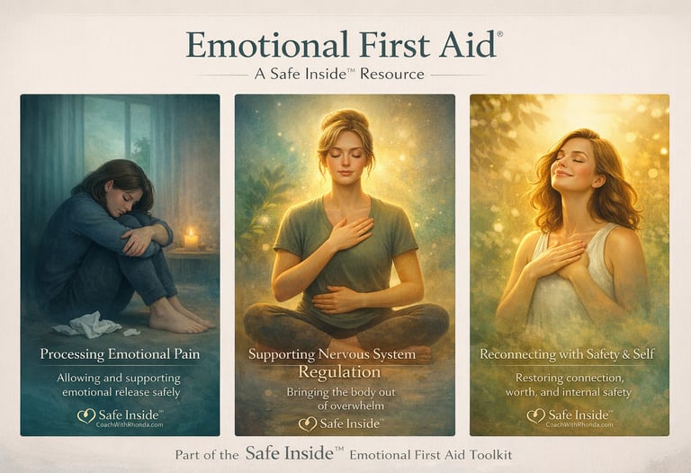A three-part Safe Inside emotional first aid visual showing the progression from emotional pain to n
