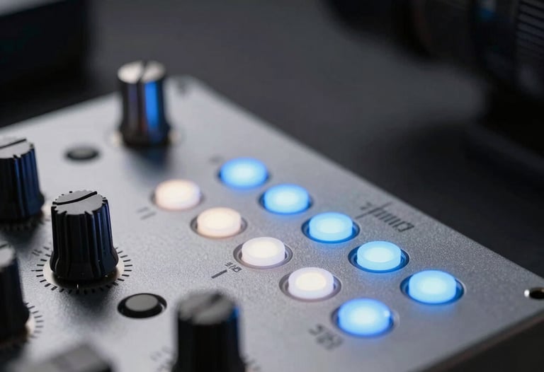 Macro photography focusing on a professional digital audio interface with glowing LED indicators in shades of ice blue and soft white. The background is a dark, blurred North American studio environment.