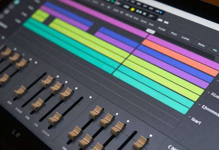 Detailed shot of a DAW software interface with colorful track regions and fader icons. The lighting reflects a professional, precise studio mood.
